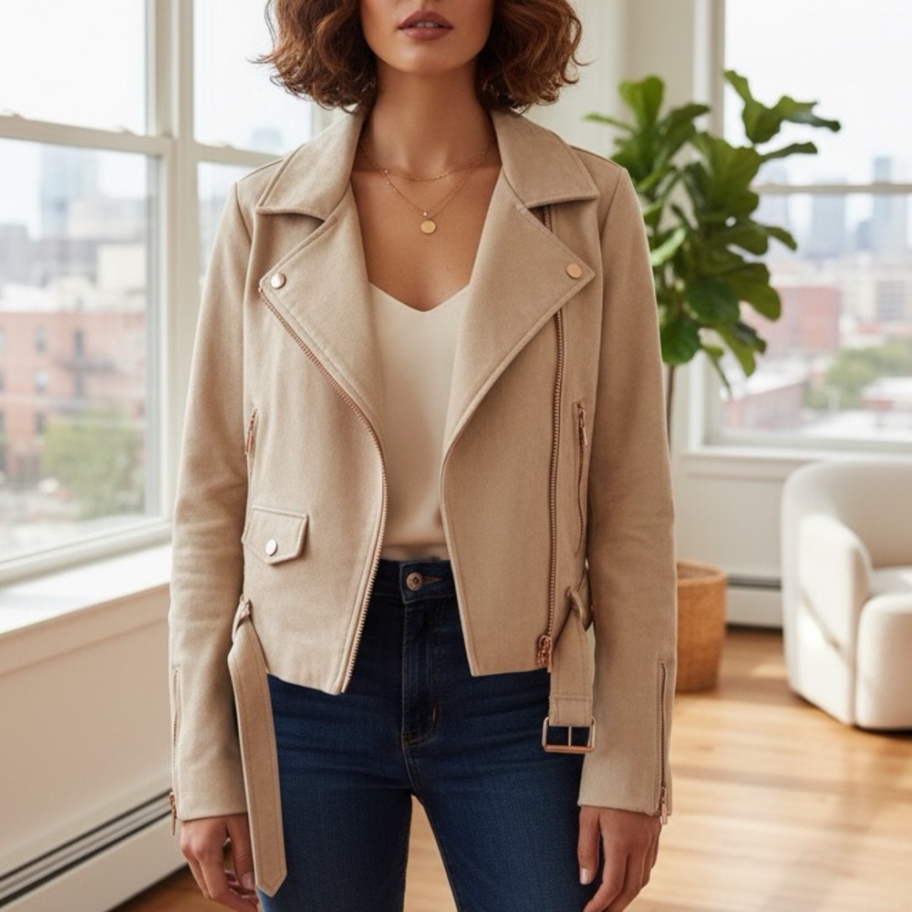LC Lauren Conrad Faux Suede Moto Jacket Size 10 Tan Beige Biker Zip Rose Gold